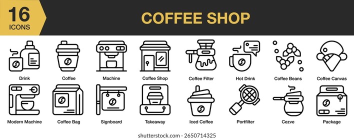 Ícone da cafeteria definido. Inclui café, café, loja, bebida, restaurante, negócios e muito mais. Contornar coleção de vetores de ícones.
