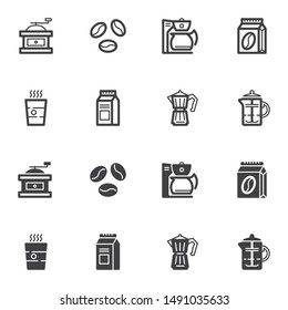 Coffee shop icon set line and glyph version, outline and filled vector sign. linear and full pictogram. Symbol logo illustration. Set includes icons as coffee maker machine, takeaway cup, bean grinder
