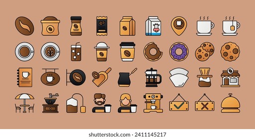 Coffee Shop Icon Set in Lineal Color Style Suitable for web and app icon, presentation, and poster etc.