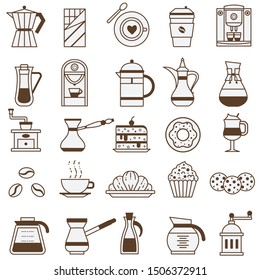 Coffee shop icon set with pastry and bakery icons. Line design elements for coffee house menu. Bio beverages, drinks to go and desserts. Espresso maker, latte brewing machine, and cappuccino cup.