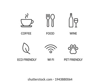 Coffee shop icon set, sign for signboard cafe . Coffee, hot drinks, food, wine, eco friendly, wifi, pet friendly.
