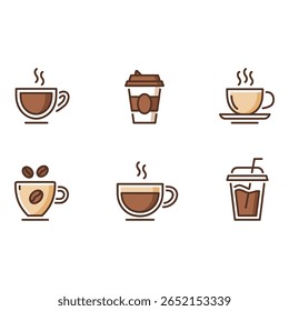 Coffee Shop Icon Set Warm Brown Line Art Style Various Coffee Drinks Take Away Cups Cozy Cafe Mood