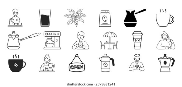 Coffee shop icon set, which can be used on websites and apps, offers isolated, editable vector icons.