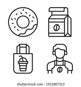 coffee shop Icons Set = donut, coffee pack, shopping bag coffee, barista man. Perfect for website mobile app, app icons, presentation, illustration and any other projects.