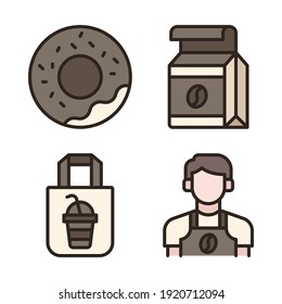 coffee shop Icons Set (Filled Line) = donut, coffee pack, shopping bag coffee, barista man. Perfect for website mobile app, app icons, presentation, illustration and any other projects.