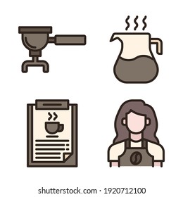 coffee shop Icons Set (Filled Line) = tamping, coffee pot, clipboard, barista girl. Perfect for website mobile app, app icons, presentation, illustration and any other projects.