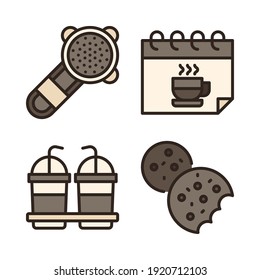 coffee shop Icons Set (Filled Line) = strainer, calendar, smoothie, cookies. Perfect for website mobile app, app icons, presentation, illustration and any other projects.