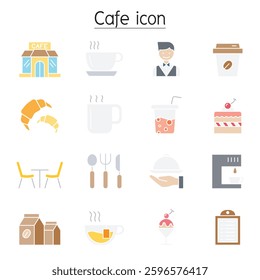 Coffee shop icons set in flat color style