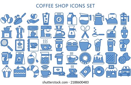 coffee shop icons set, hot cup, green tea, shop, ice, cocktail, coffee maker, french press, mill, pot, machine, beans, paper. use for modern UI or UX kit and app. vector eps 10 ready convert to SVG. svg