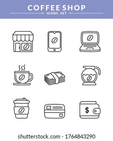 coffee shop icons set, New and trendy linear pictogram pack. modern vector icon concept