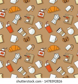 coffee shop icons set pattern seamless with brown background. vector illustration. 