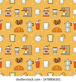 coffee shop icons set pattern seamless with orange background. vector illustration. 