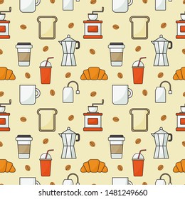 coffee shop icons set pattern seamless with orange background. vector illustration. 