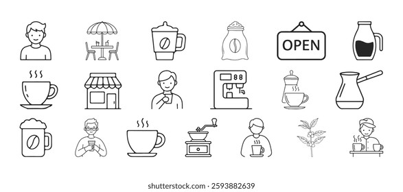 Coffee shop icons set is presented in a minimalist style with modern lines. Editable and usable icon set.