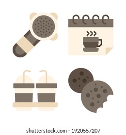 coffee shop Icons Set = strainer, calendar, smoothie, cookies. Perfect for website mobile app, app icons, presentation, illustration and any other projects.