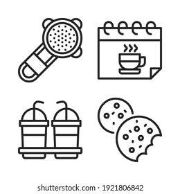 coffee shop Icons Set = strainer, calendar, smoothie, cookies. Perfect for website mobile app, app icons, presentation, illustration and any other projects.