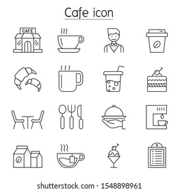 Iconos de la cafetería ajustados en estilo de línea delgada