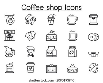 Coffee shop icons set in thin line style