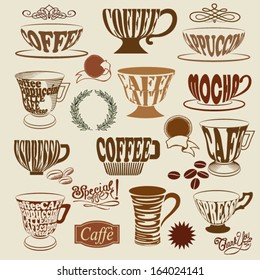 Coffee Shop Icons and Symbols - Set of coffee shop signs, with coffee cups, mugs and decorative elements, including swirls, coffee beans, wreath and price tags
