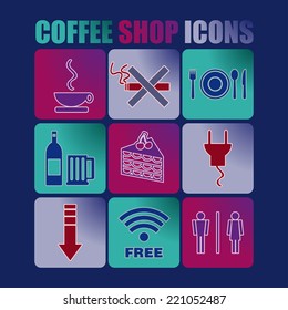Coffee shop icons, vector button,