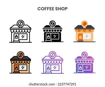 Coffee Shop icons vector illustration set line, flat, glyph, outline color gradient. Great for web, app, presentation and more. Editable stroke and pixel perfect.