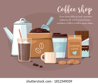 Coffee shop illustration. Coffee beans in the package, takeaway cup, mug, and chocolate.