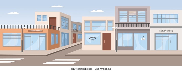 Coffee shop illustration. Business district. Store center. Shopping center. Shop cityscape. Store cityscape. City building. Beauty center. Shopping building architecture. 