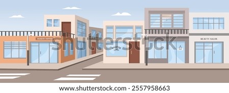 Coffee shop illustration. Business district. Store center. Shopping center. Shop cityscape. Store cityscape. City building. Beauty center. Shopping building architecture. 