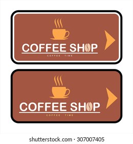 coffee shop illustration design elements vector. Design for restaurant, cafe, bar, coffeehouse. Simple flat design of cup of coffee, logotype/typography and arrow.