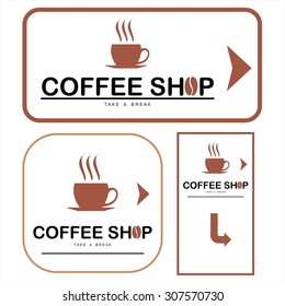 coffee shop illustration design elements vector. Design for restaurant, cafe, bar, coffeehouse. Simple flat design of cup of coffee, logotype / typography and arrow.