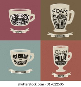 Coffee shop illustration design elements. Cups with coffee, vintage vector 