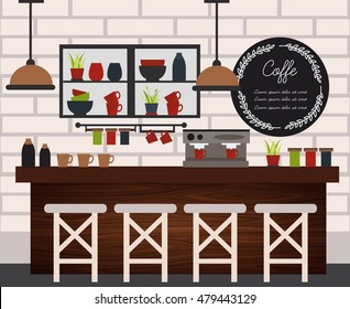 Coffee shop illustration flat and colored with elements of furniture design in modern style vector illustration