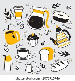 ilustración de cafetera, dibujada a mano, amarilla y negra, granos de café, equipo de café, fundido, vector