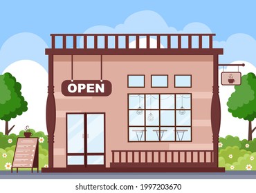 Coffee Shop Illustration With Open Board, Tree, And Building Store Exterior. Flat Design Concept