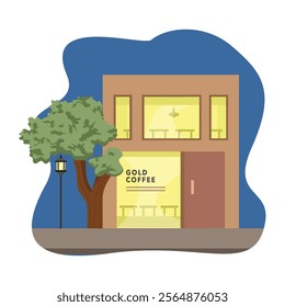 Coffee shop illustration. Restaurant building illustration. Store front. Night cafe.