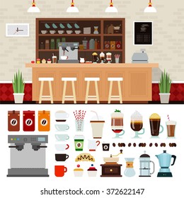 Coffee shop illustration set with coffee shop background design elements, Infographics of coffee