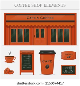 Coffee shop infographic element. Restaurant set shop. Shop, coffee cup, paper cup, packaging, coffee beans, menu stand