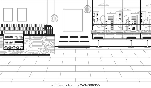 Coffee shop inside black and white line illustration. Cafeteria counter. Coffeeshop indoor 2D interior monochrome background. Diner eatery. Cafe bakery no people outline scene vector image