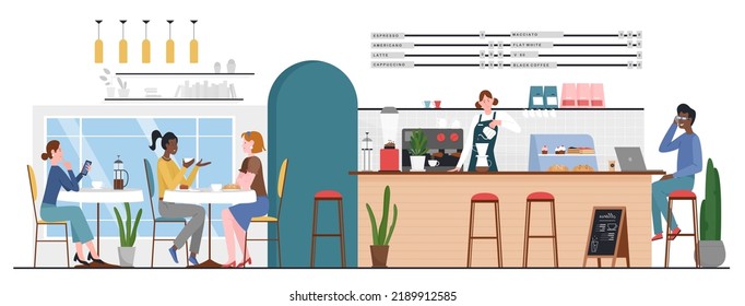 Coffee shop interior with barista at bar counter and group of friends sitting at tables on chairs. Cartoon woman making hot drink, people communicating flat vector illustration. Coffee break concept