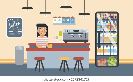 Coffee shop interior. The barista has completed the order and calls the client. Vector flat cartoon illustration.