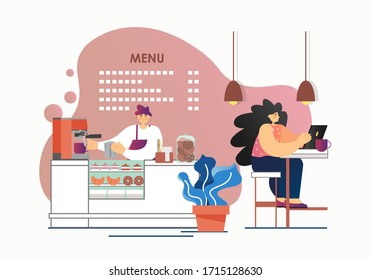 Coffee shop interior with barista making coffee and visitor young woman sitting at table, working on laptop and drinking coffee, vector flat illustration. Coffeehouse concept for web banner etc.