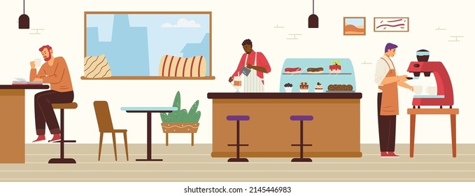 Coffee shop interior with barista making coffee and male customer reads book, flat vector illustration. Cozy cafe with desserts and hot drinks. Waitress prepares beverage.