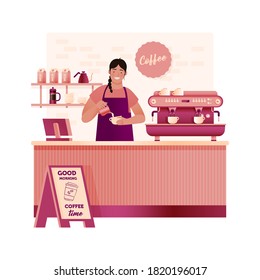 Coffee Shop Interior. Barista. Modern Flat Concept. Young Female Wearing Apron Pouring Whipped Milk Into the Coffee Mug, Coffee Maker, Blackboard with Greetings, Elements.