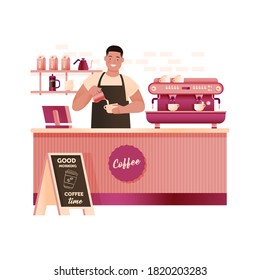 Coffee Shop Interior. Barista. Modern Flat Concept. Young Male Wearing Apron Pouring Whipped Milk Into the Coffee Mug, Coffee Maker, Blackboard with Greetings, Elements.