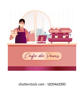 Coffee Shop Interior. Barista. Modern Flat Concept. Young Female Wearing Apron, Mask and Gloves Holding Hot Drink To Go Cups in Carton Box and Paper package. Window with Beautiful View. Coffee Maker.