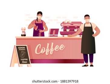 Coffee Shop Interior. Barista. Modern Flat Concept. Young Female in Mask Wearing Apron Making Pour Over Coffee, Young Male in Mask Inviting for Coffee, Blackboard with Greetings, Elements.