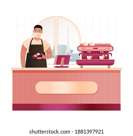 Coffee Shop Interior. Barista. Modern Flat Concept. Young Male Wearing Apron, Mask Holding Credit Card Reader Machine. Window with Beautiful View. Coffee Maker.