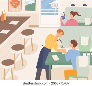 Innenausstattung des Kaffeehauses Cafe Gäste und Personal. Flaches design, Vektorgrafik.