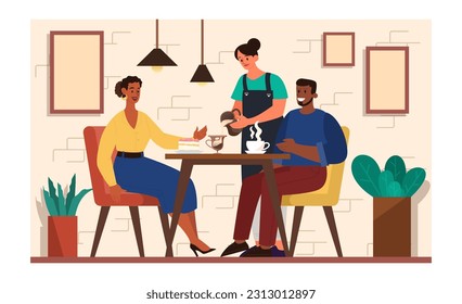 Coffee shop interior. Cafe with people sitting at the table, drinking coffee and talking to each other. Barista serving hot beverages. Flat vector illustration