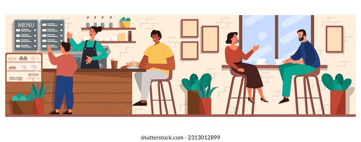 Coffee shop interior. Cafe with people sitting at tables, drinking coffee and talking to each other. Barista making coffee at the counter. Flat vector illustration